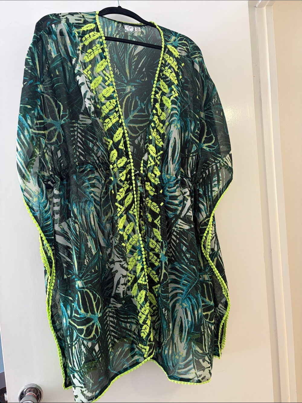 Tropical Palm Sheer Tunic with Neon Trim - Green
